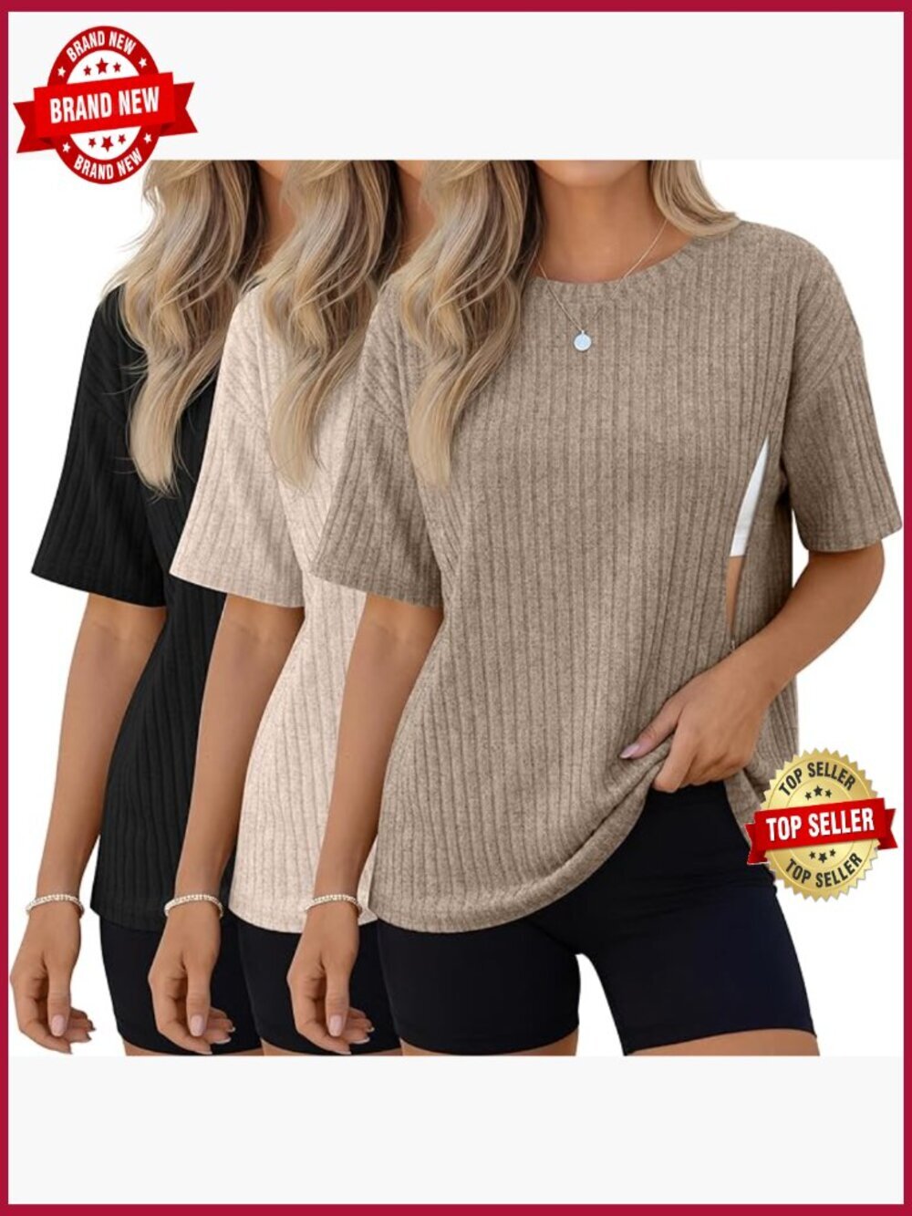 3 Pack Oversize Nursing Shirts with Hidden Zipper Ribbed Maternity Tops